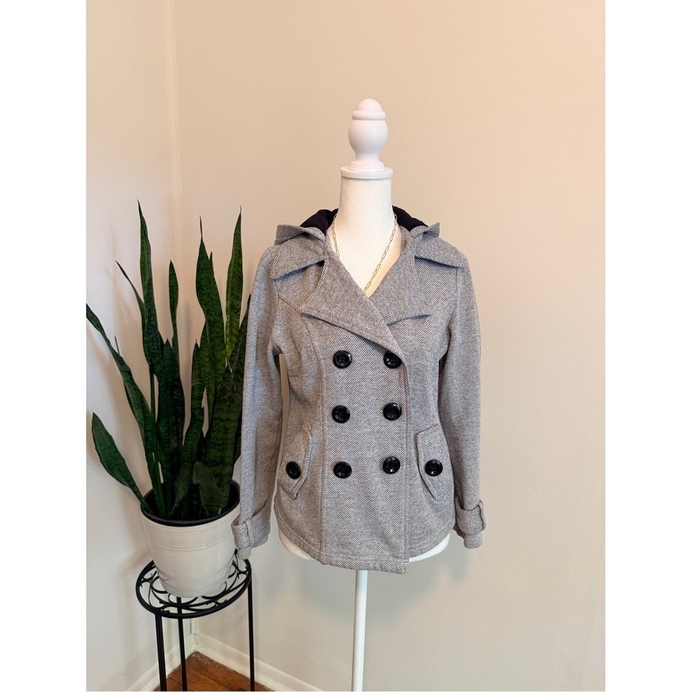 Sebby Gray Double Breasted Hooded Pea Coat Women Small Sweatshirt Jacket